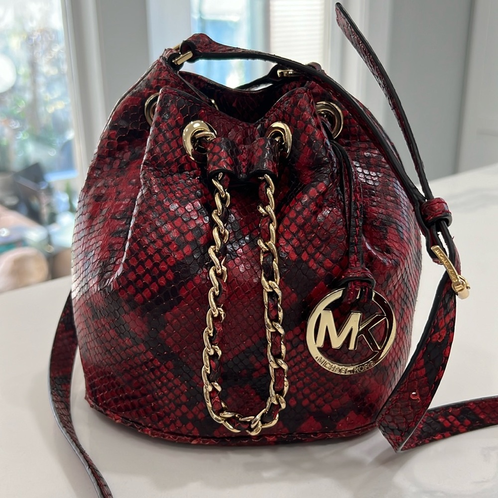 Michael Kors Red Python Frankie Drawstring Crossbody Bag Purse